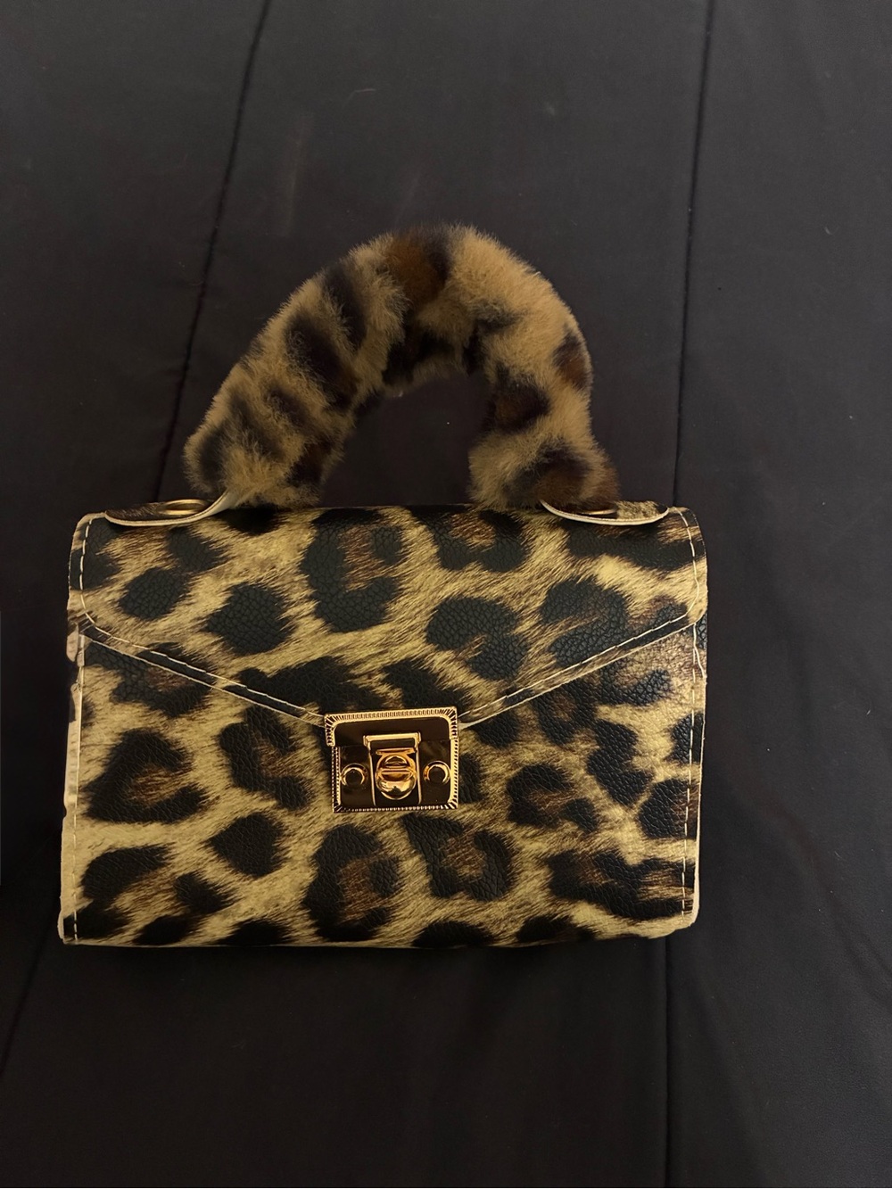 Leopard “cheetah” Print Faux Fur Top-Handle Shoulder Bag - Comes with gold Chain